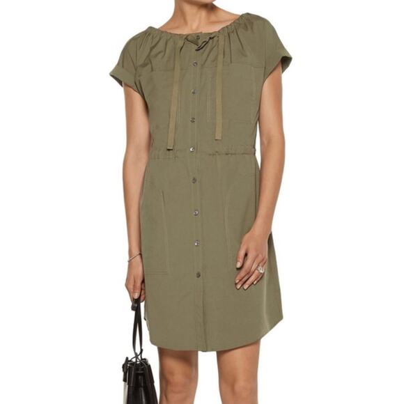 Theory Military Green Laela Cotton Mini Shirt Dress Drawstring Waist Size 4 - Picture 13 of 15
